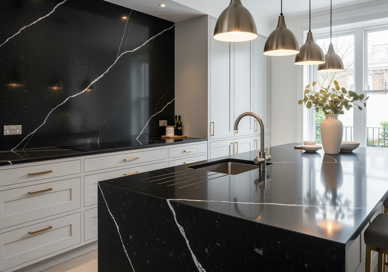 Bold and dramatic black and dark quartz worktops