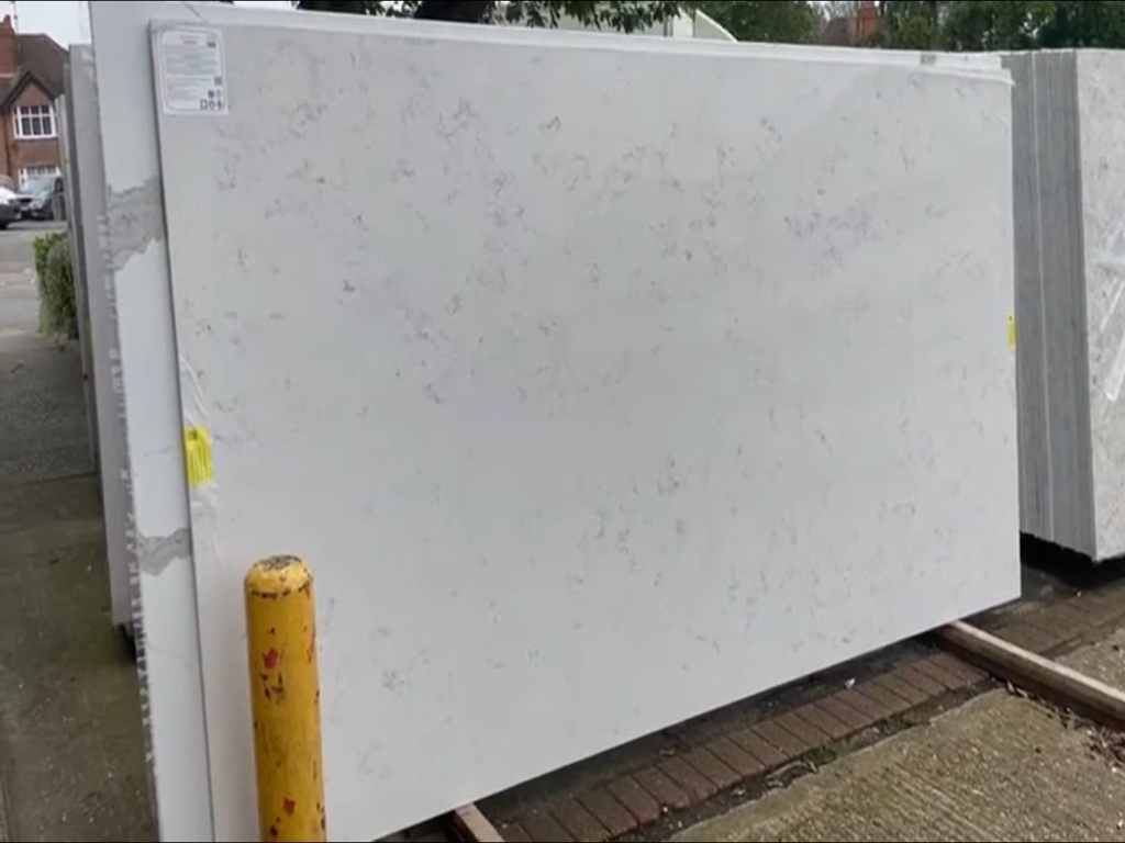 Marbre Carrara Classic Quartz worktop slab video thumbnail showing colour and texture