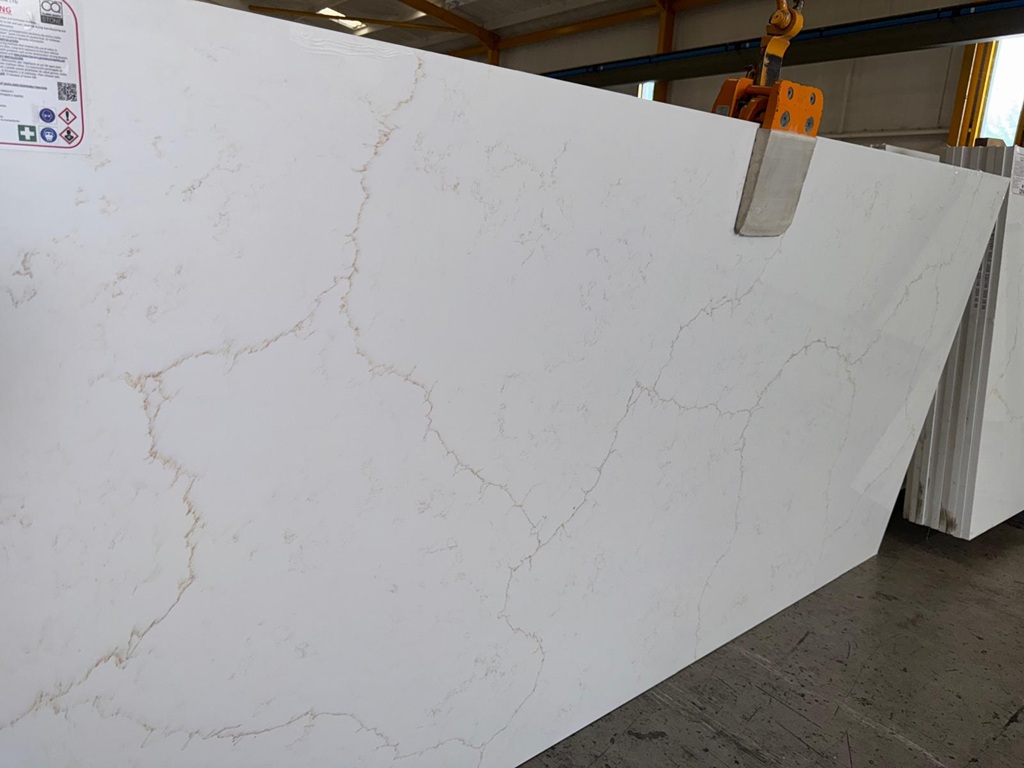 Mystery Gold Jade Classic Quartz worktop slab video thumbnail showing colour and texture
