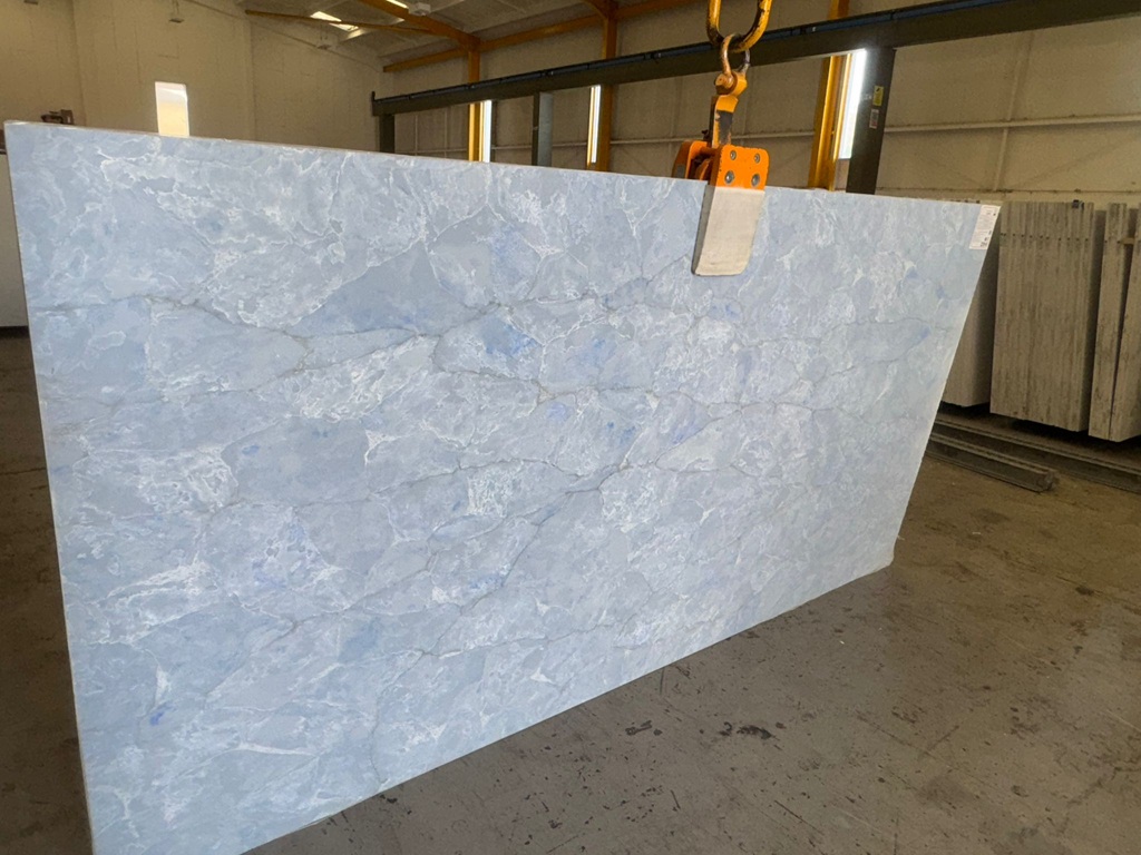 Sky Blue Classic Quartz worktop slab video thumbnail showing colour and texture