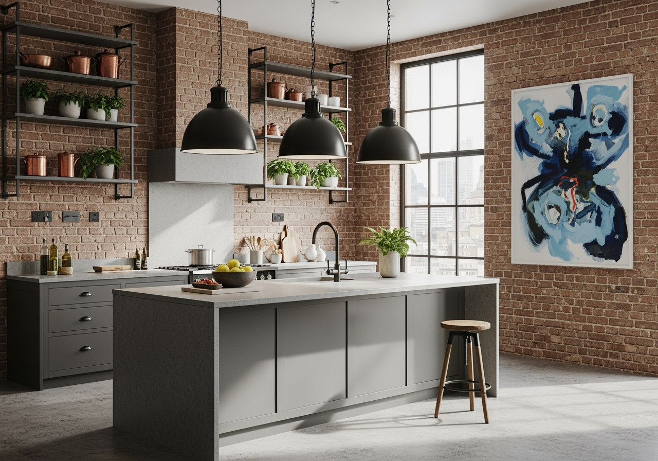 Industrial chic concrete and grey quartz worktops
