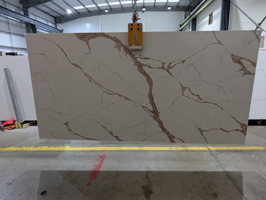 Calacatta Oro Quartz Nile Stone worktop slab video thumbnail showing colour and texture