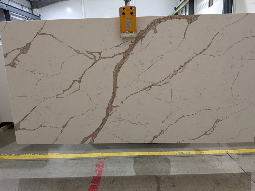 Calacatta Oro Satin Quartz Nile Stone worktop slab video thumbnail showing colour and texture