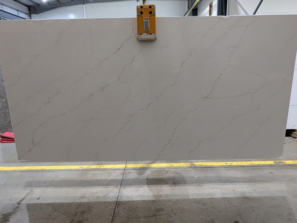 Calacatta Soft Gold Quartz Nile Stone worktop slab video thumbnail showing colour and texture