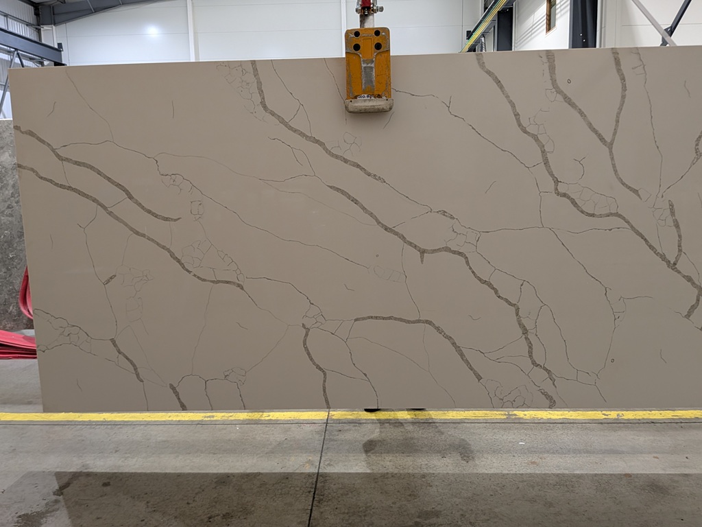 Statuario Quartz Nile Stone worktop slab video thumbnail showing colour and texture