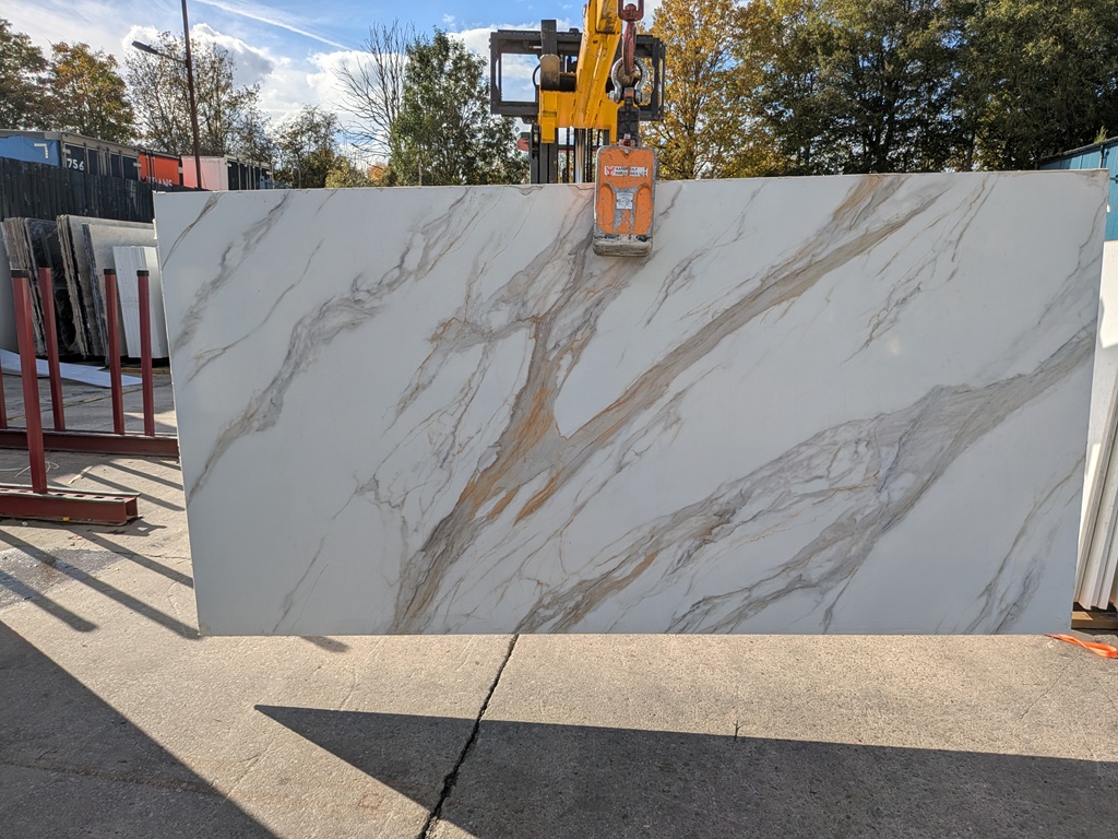 Calacatta Barcelona 3D Quartz Noble Stone worktop slab video thumbnail showing colour and texture