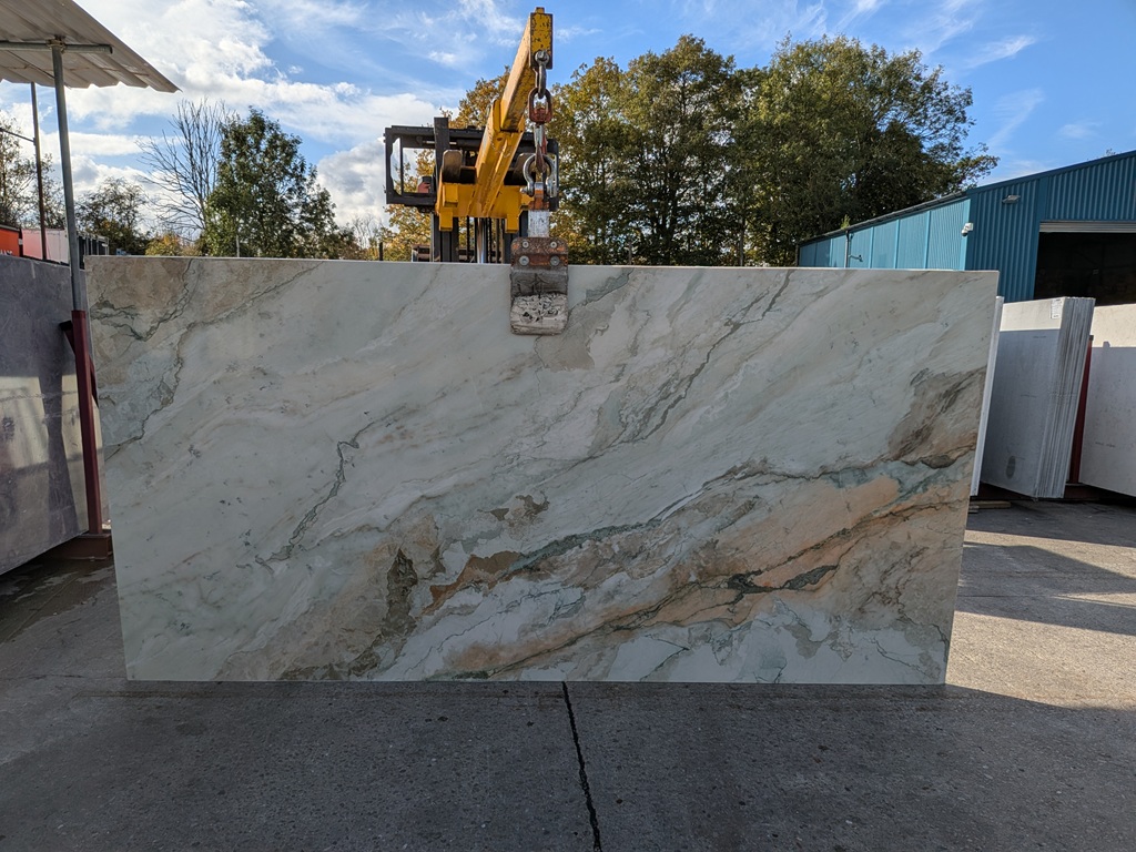 Calacatta Dune 3D Quartz Noble Stone worktop slab video thumbnail showing colour and texture