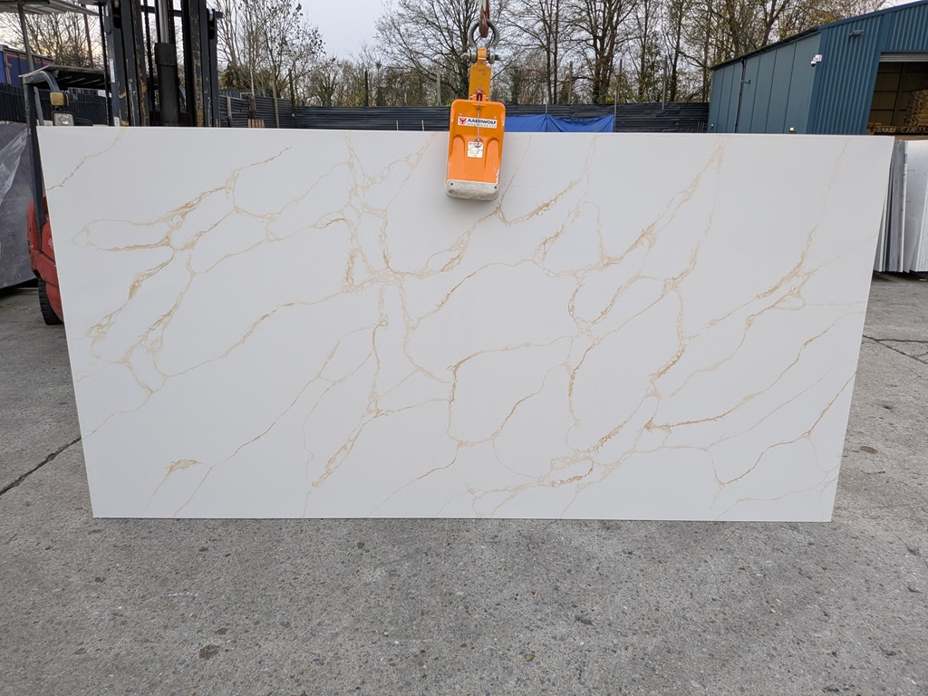 Calacatta Golden Quartz Noble Stone worktop slab video thumbnail showing colour and texture