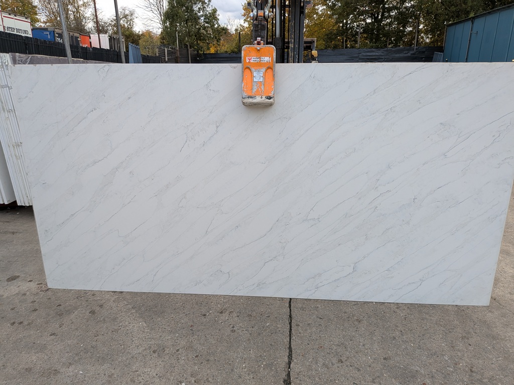 Calacatta Santorini Quartz Noble Stone worktop slab video thumbnail showing colour and texture