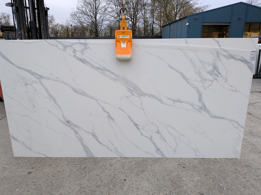 Calacatta Sofia 3D Quartz Noble Stone worktop slab video thumbnail showing colour and texture