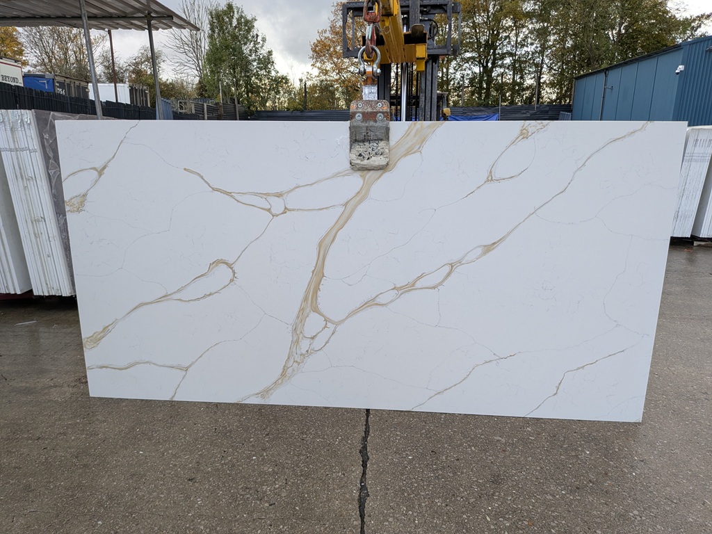 Calacatta Tuscany Quartz Noble Stone worktop slab video thumbnail showing colour and texture