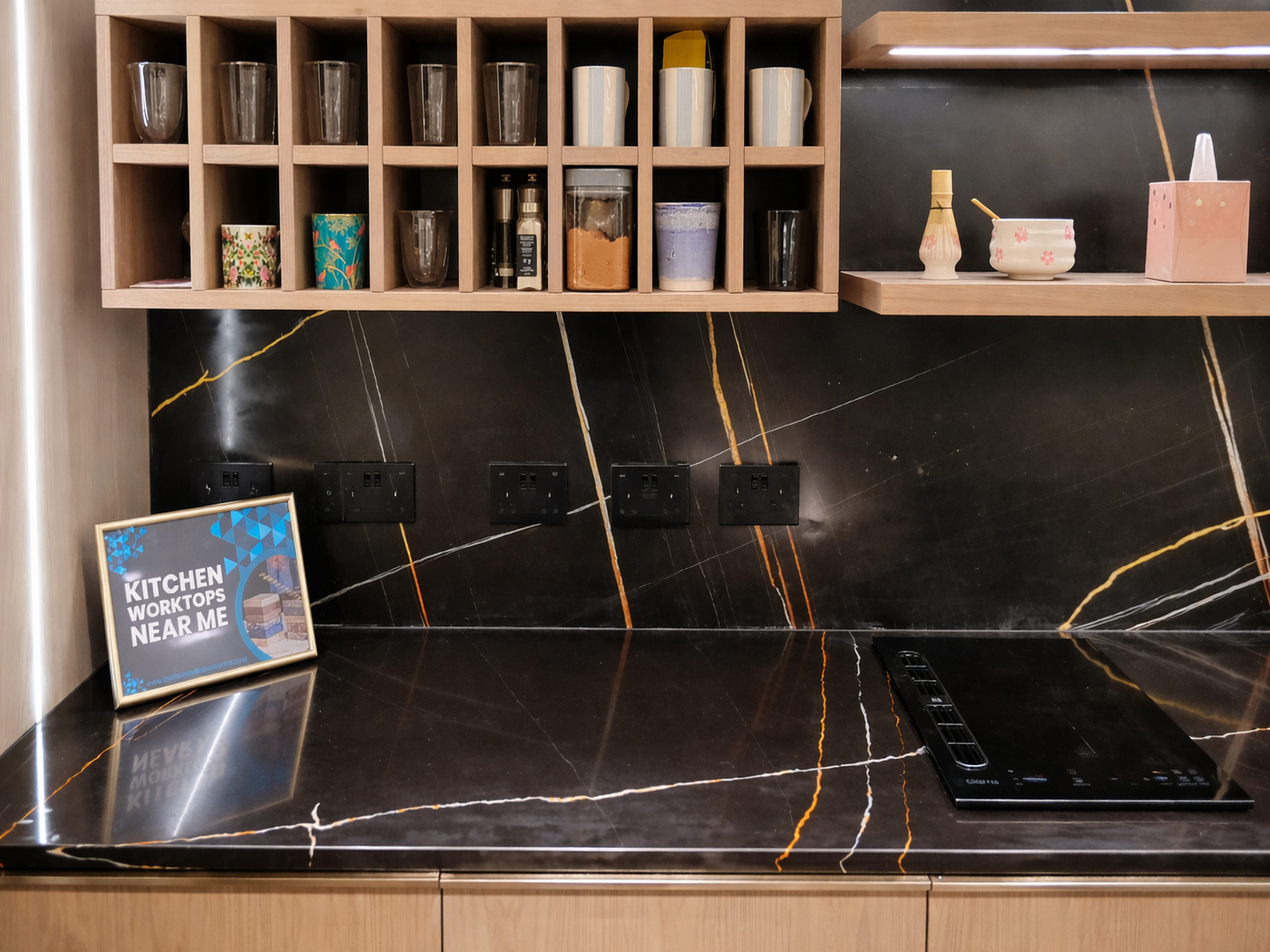 Sahara Noir Quartz Noble Stone Worktop Installed in Kitchen around the Hub and Splashback and Installed on Dining Table