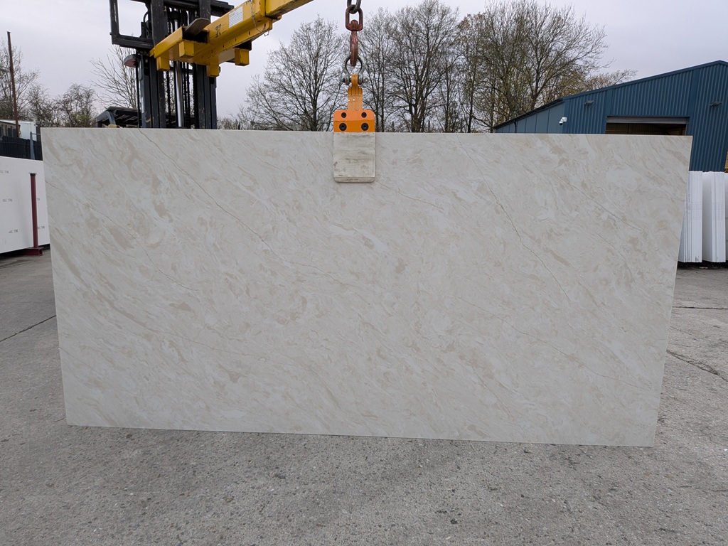 Taj Mahal Leather Quartz Noble Stone worktop slab video thumbnail showing colour and texture