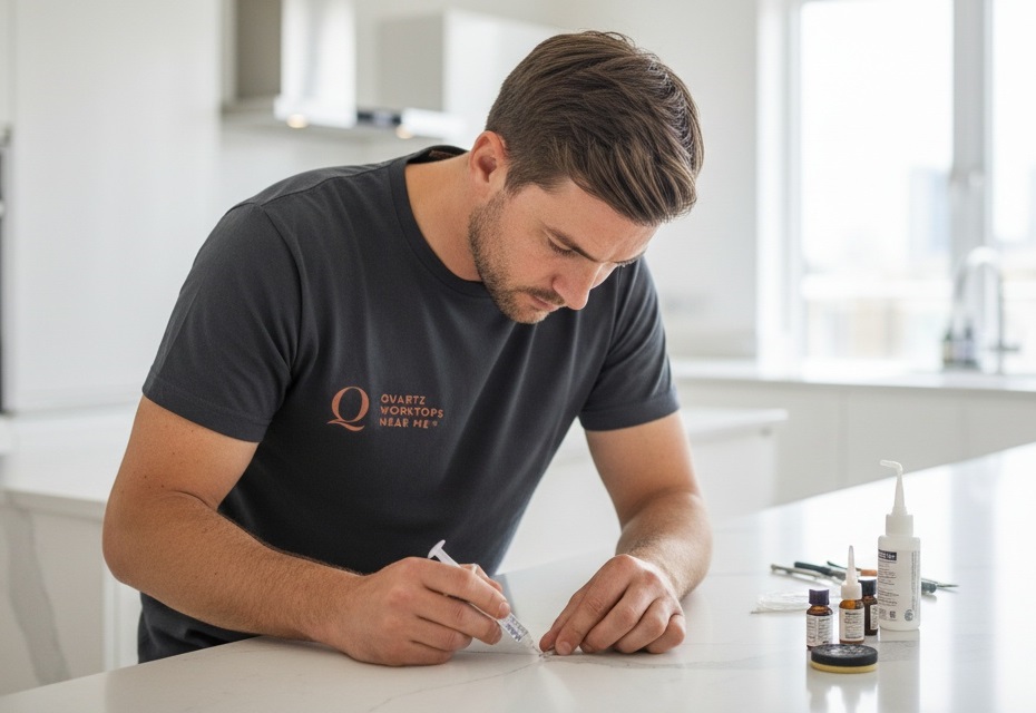 Quartz worktop repairs and restoration in a modern London kitchen